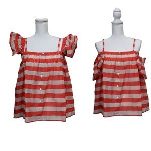 Coral Striped Flutter/Capped Sleeve Lightweight Cotton Tank.
